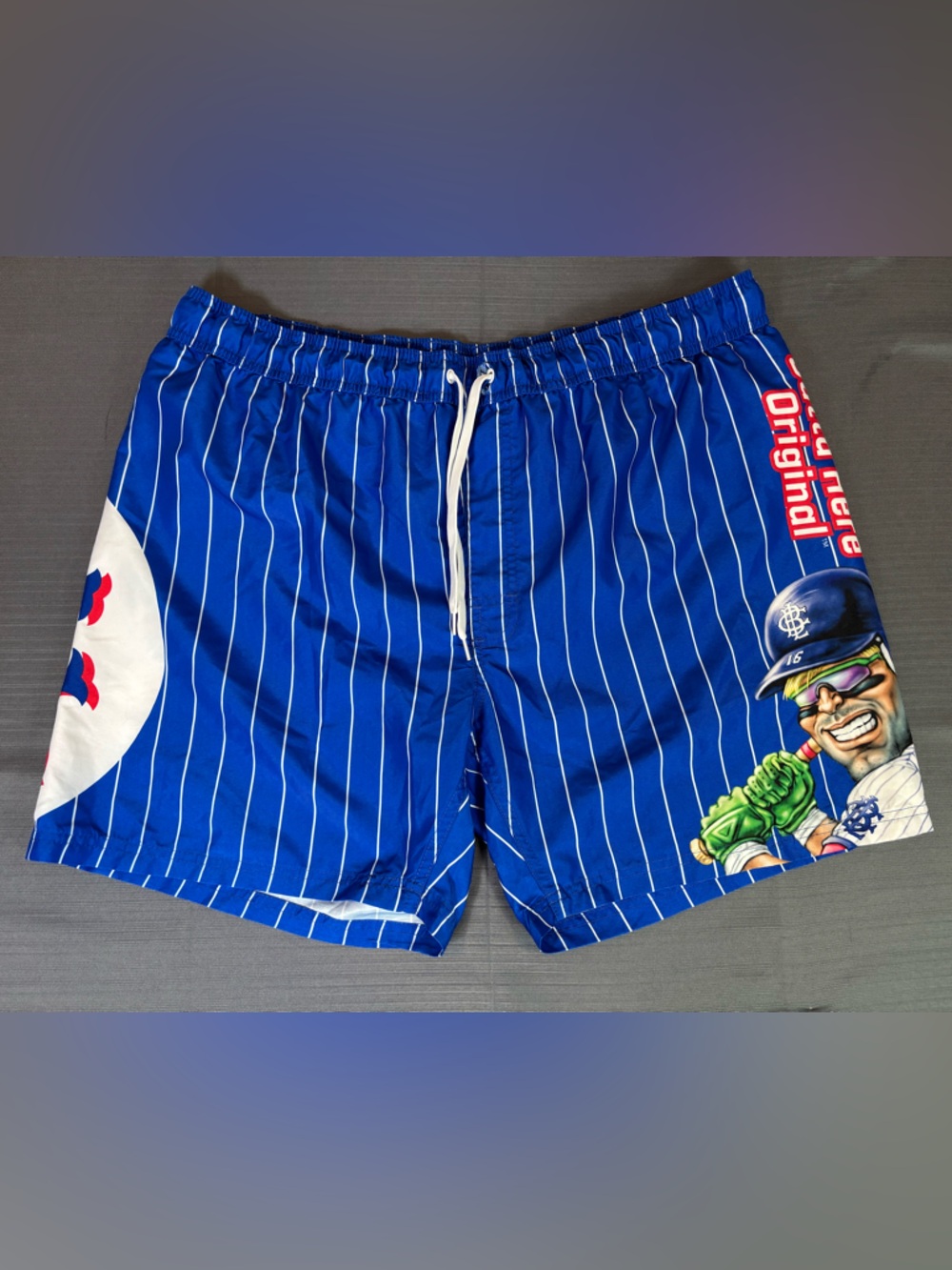 Big League Chew Baseball Swim Trunks XL Blue Pinstripe Graphic Mesh Lined Shorts